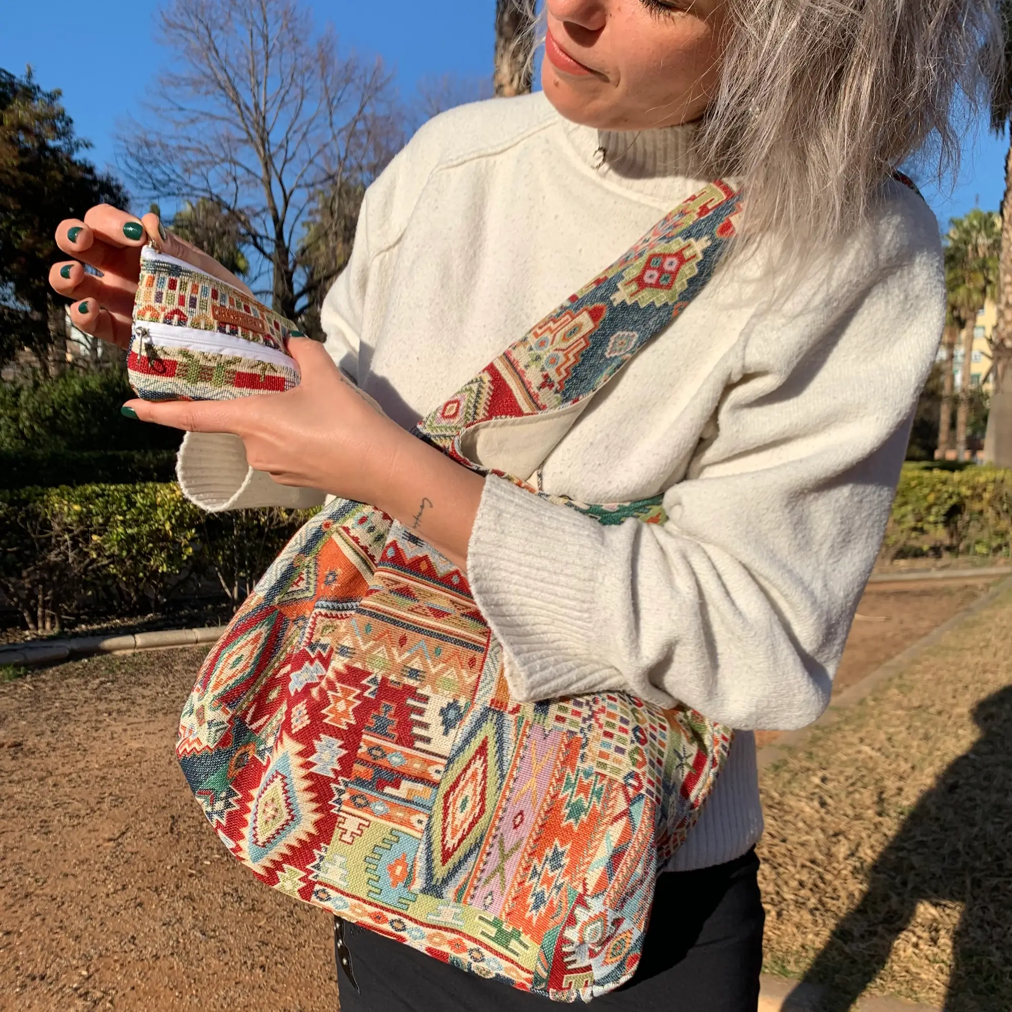 Pack de bolso y monedero de algodón estampado jacquard