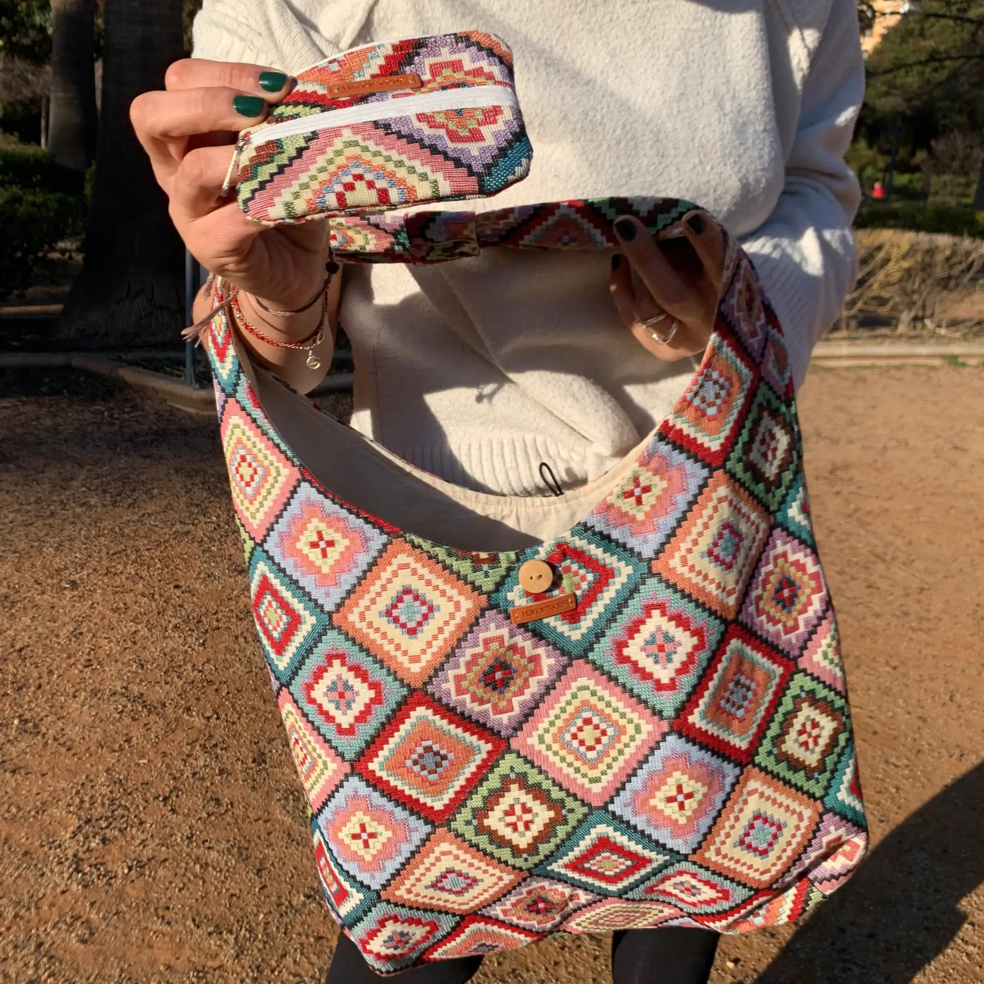 Pack de bolso y monedero de algodón estampado jacquard