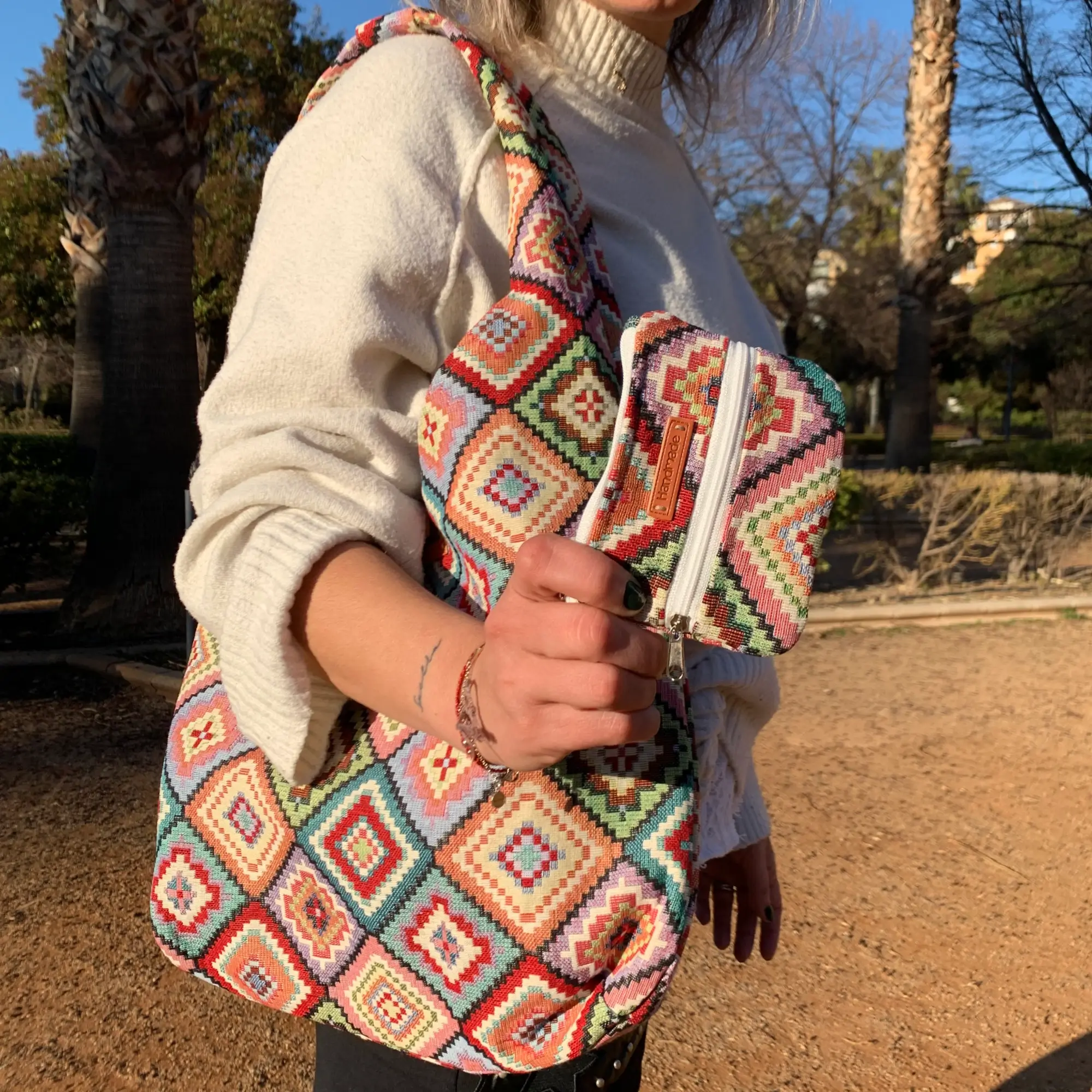 Pack de bolso y monedero de algodón estampado jacquard