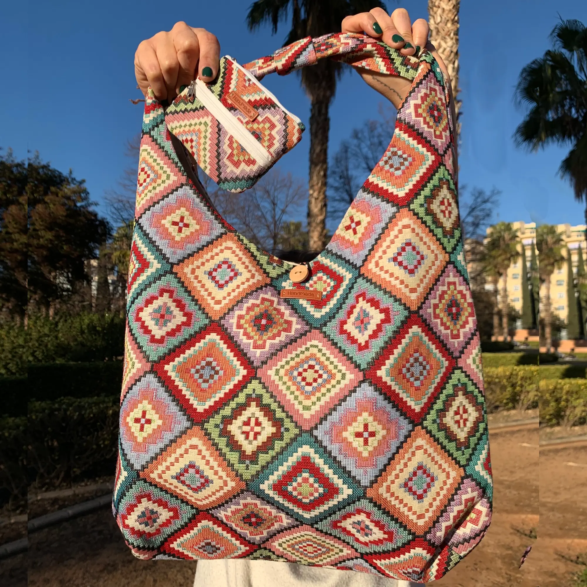 Pack de bolso y monedero de algodón estampado jacquard