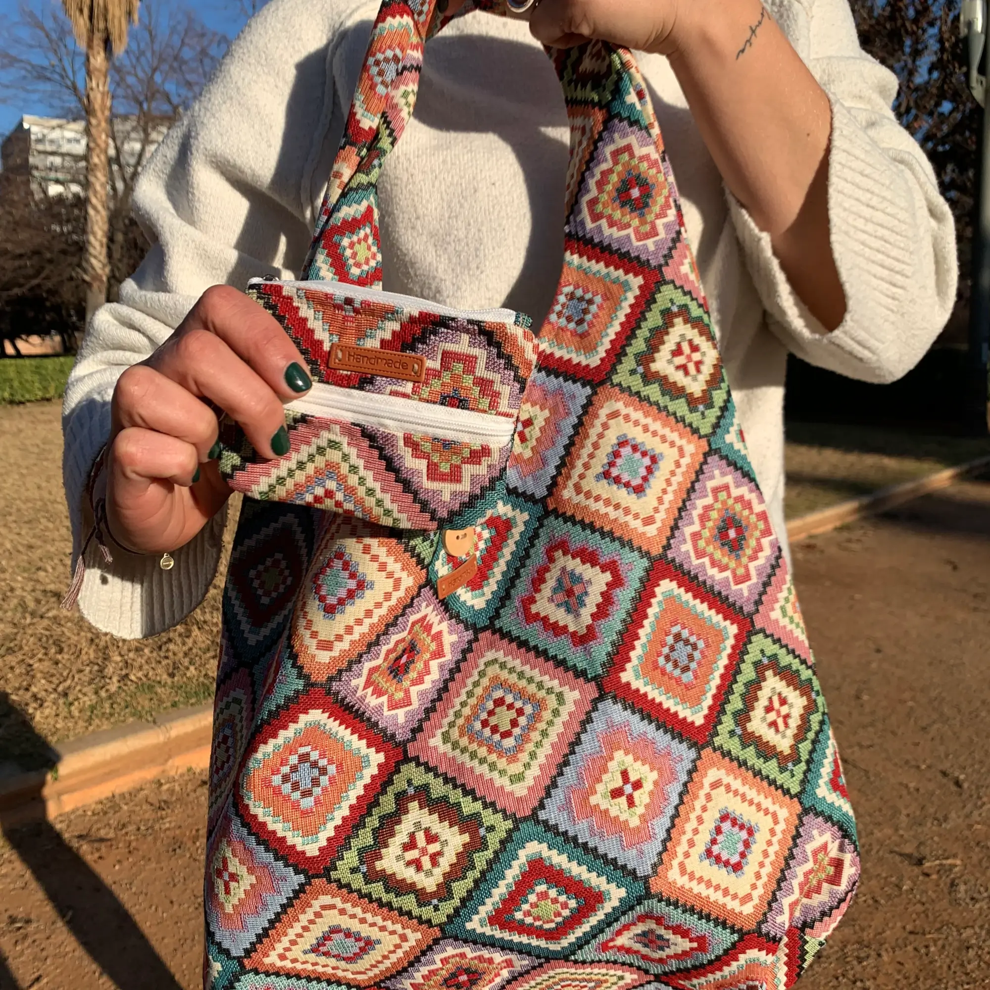 Pack de bolso y monedero de algodón estampado jacquard