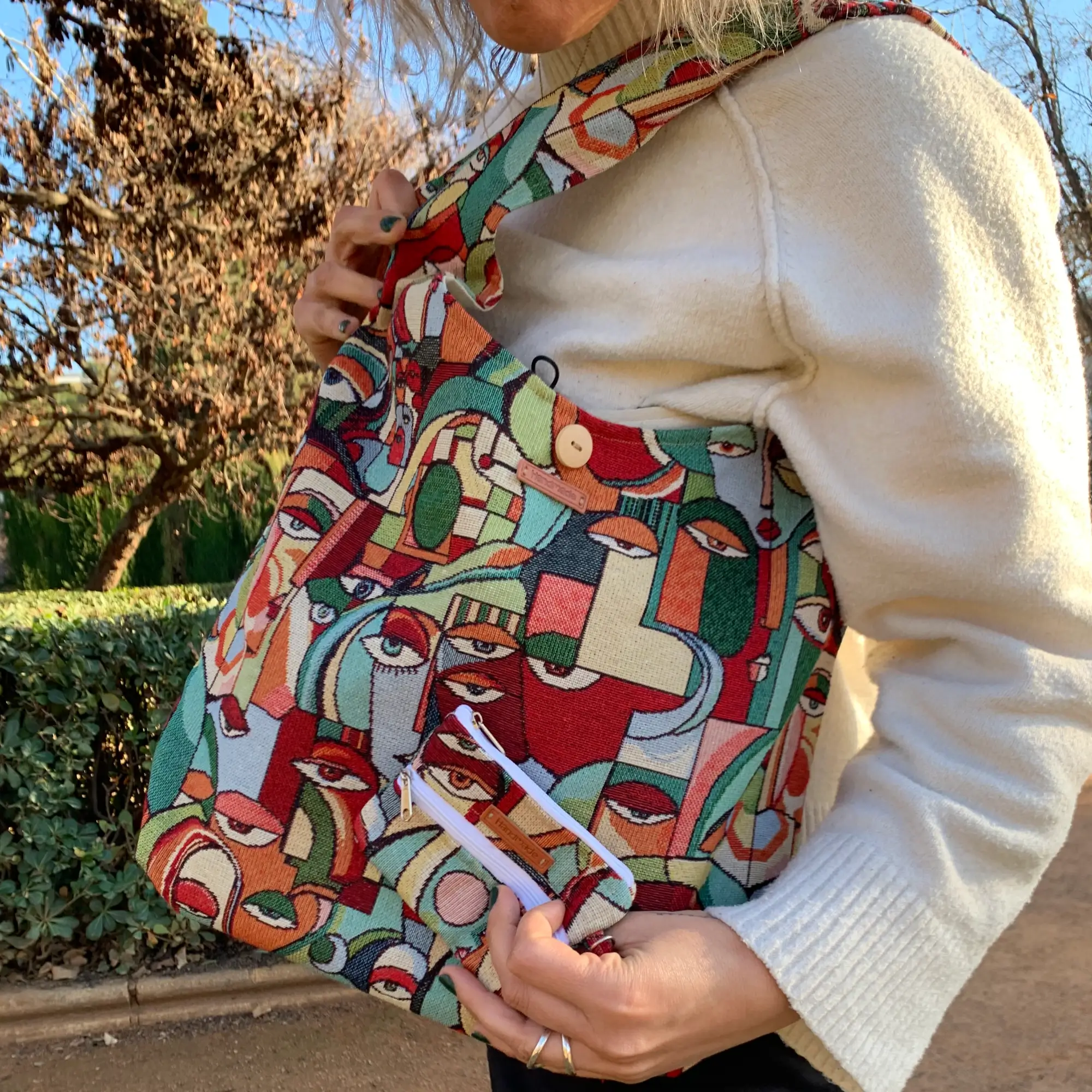 Pack de bolso y monedero de algodón estampado jacquard